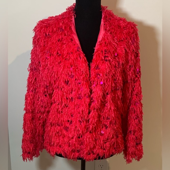 Women’s PINK Feather and Sequin Jacket Size Medium Barbie Boho Legally Blond - Picture 2 of 11